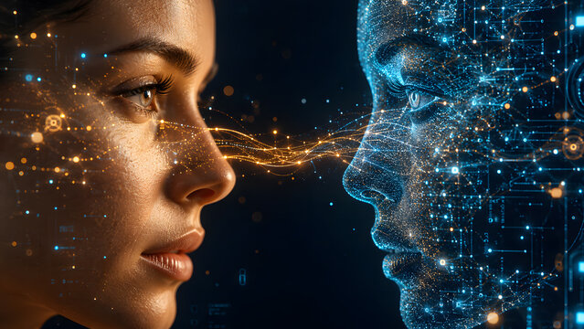 Profile of a human face connecting to a digital matrix avatar with glowing circuits and data particles, representing artificial intelligence innovation and personal security.