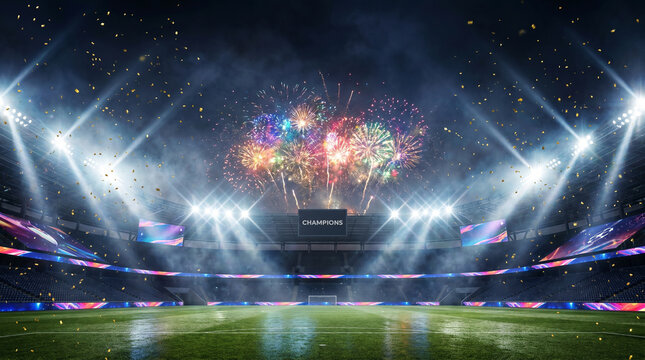Spectacular victory celebration at a modern sports stadium at night featuring vibrant fireworks over the pitch, bright floodlights, falling gold confetti, and champions text on the screen