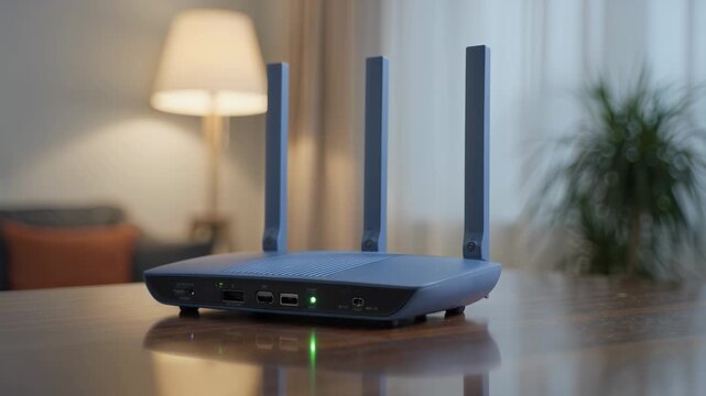 Wireless router, wifi and internet connection on wooden table for smart home, remote work and fast data. Network device, broadband and signal at house with technology, cable and online access.
