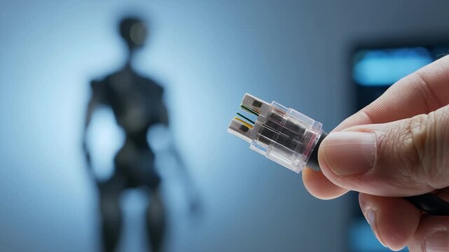 Network cable, robot and hand holding ethernet connector for technology, data transfer and artificial intelligence. Digital, connection and fiber optic with hardware, internet and cyborg office room