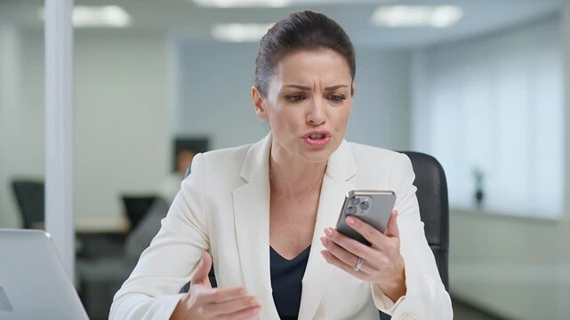 Business woman, phone and stress with office worker for corporate communication, bad news and technology problem. Professional, manager and frustrated with mobile device, message, delay and work.