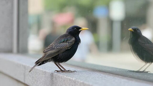 European starling, bird and reflection on glass window in city with iridescent feathers and yellow beak. Common starling, wildlife and perched on ledge for nature, animal and urban environment.