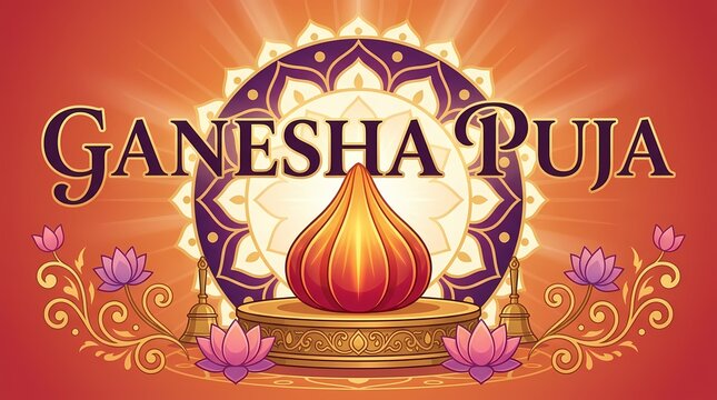 Ganesha puja celebration background with modak and lotus flowers