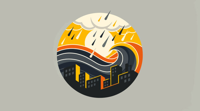 Colorful abstract wave and cityscape circular design.