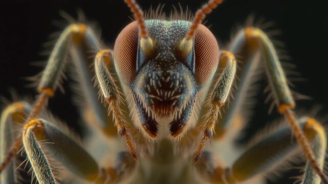 Close-up macro insect face with detailed antennae during studio lighting with shallow depth of field
