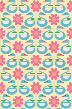 Seamless folk art pattern with paired swans and daisy flowers