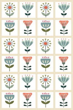 Scandinavian folk botanical tile pattern with stylized flowers