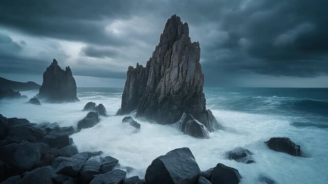 Dramatic ocean waves crashing against rugged sea stacks during a stormy twilight