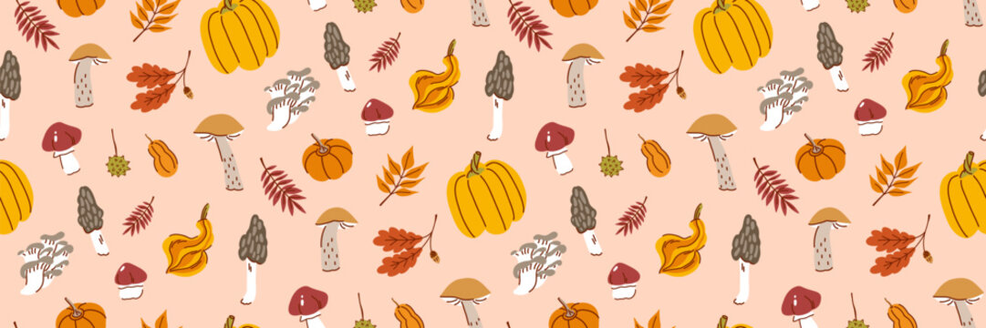 Delicate autumn pattern with pumpkins, mushrooms, fallen leaves in pink, yellow and white colors, autumn harvest for wallpaper, paper, fabric