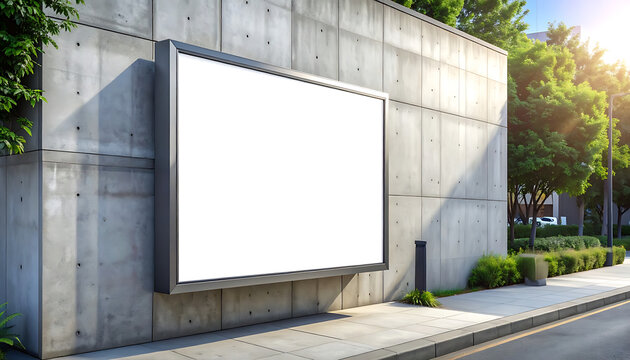 Blank outdoor advertising billboard mockup on concrete wall, urban street scene for branding display, empty banner for commercial marketing, copy space