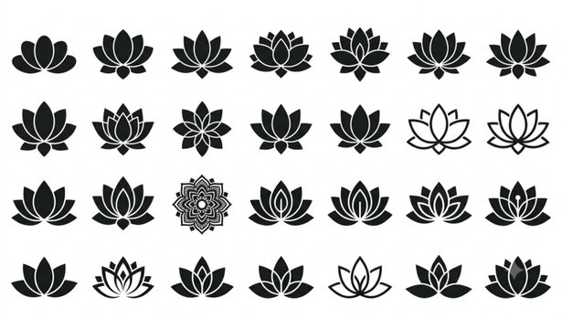 Vector black lotus and mandala flower icons set