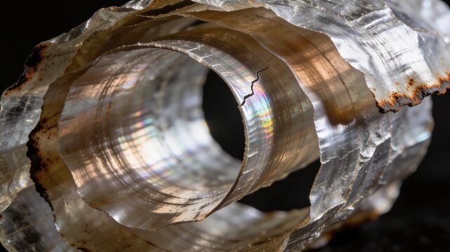 Delaminated Muscovite Mica Sheets Curling Like Parchment With Rainbow Interference Crack And Rust Stains Abstract Mineral Texture Background