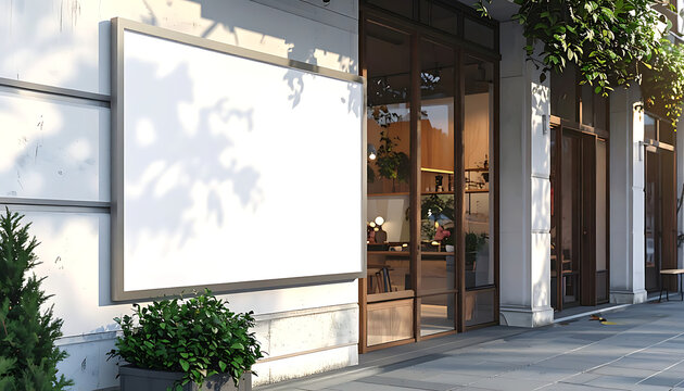 Blank outdoor advertising billboard mockup on modern store facade for urban branding and marketing campaigns