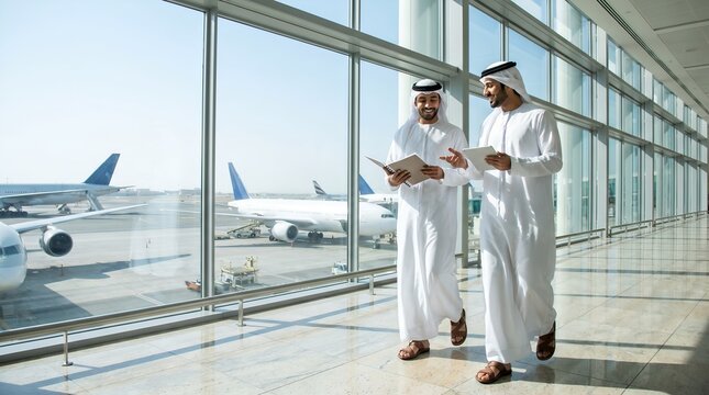 Two Arab businessmen walking in airport terminal discussing documents with airplanes in background