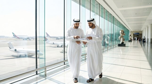 Arab businessmen walking in airport terminal discussing work near runway