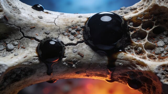 Fossilized Bone And Concrete Composite With Oozing Black Oil Droplets In Porous Trabecular Structure Abstract Dark Industrial Texture Background