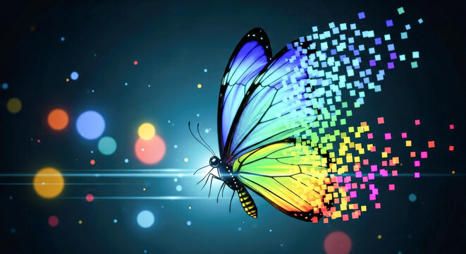 Digital butterfly with colorful pixelated wings dissolving into particles