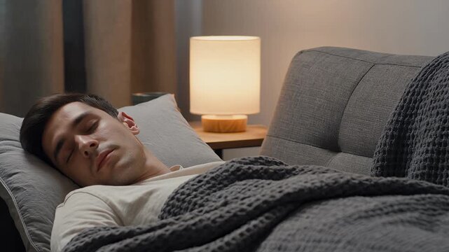 Sleeping man, couch and sofa in living room with lamp, blanket and cozy rest at night. Tired person, nap and apartment with pillow, relaxation and peaceful health for wellness, comfort, home and quie