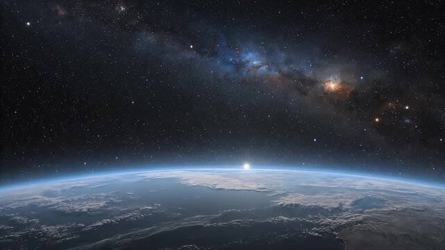 Earth, universe and milky way from space with stars, atmosphere and cinematic sunrise. Planet, galaxy and cosmic background for science documentary, astronomy video and world exploration shots