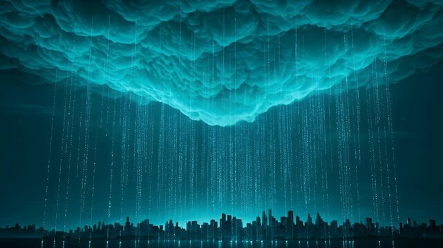 Cloud computing data, digital city and rain in sky for technology storage, network connection and internet security. Cyber, server and matrix with information flow, futuristic and skyline growth.
