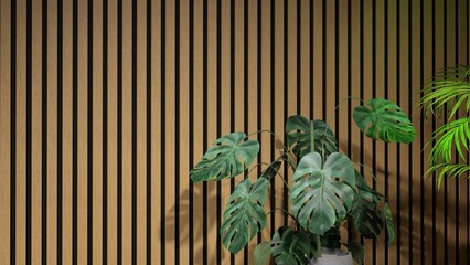 Modern studio background with wooden slat wall and monstera plant - Cam 1 - 3D rendering © Fox_Dsign