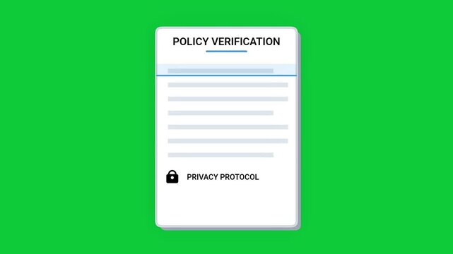 Animated document showing policy verification and privacy protocol with a stamp