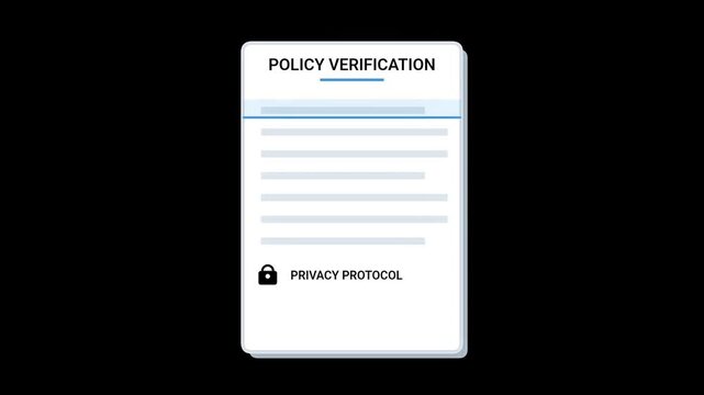 Animated document showing policy verification with approval seal and lock icon