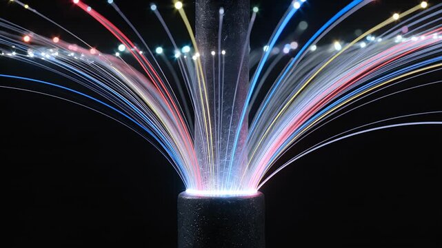 Fiber optic cable, internet and data transmission with technology, high speed and communication for network. Global, connection and optical fiber with broadband, light trails and digital system
