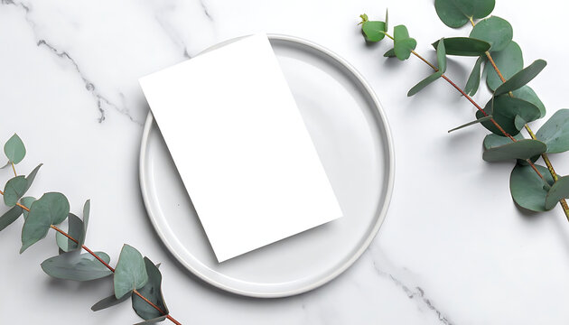 Blank paper card mockup on ceramic plate with eucalyptus branches on marble table, stationery display, invitation template, elegant wedding decor