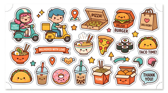Kawaii Food Delivery Sticker Pack: A collection of adorable, illustrated food items and delivery vehicles, including pizza, burgers, sushi, tacos, boba tea, and ramen, all depicted in a cute.