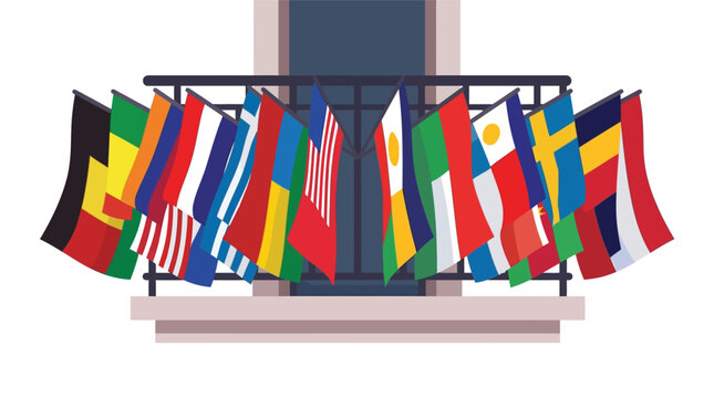 Diverse collection of international national flags hanging on a building balcony for global cooperation flat vector illustration