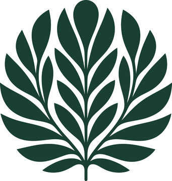 Dark green leafy branch silhouette with multiple pointed leaves on white background for nature-inspired design and eco-friendly concepts in minimalist style