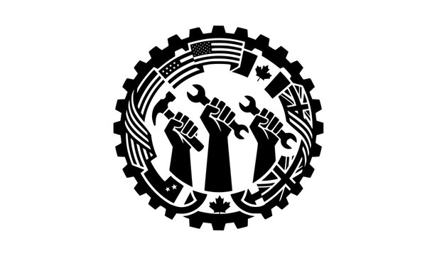 Labour Day black and white vector illustration with worker hands industrial tools gears and USA Canada UK inspired flag elements isolated on white background