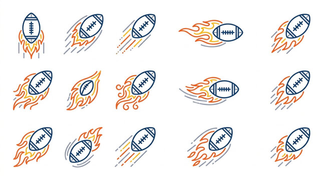 American Footballs in Motion with Flames and Motion Lines.