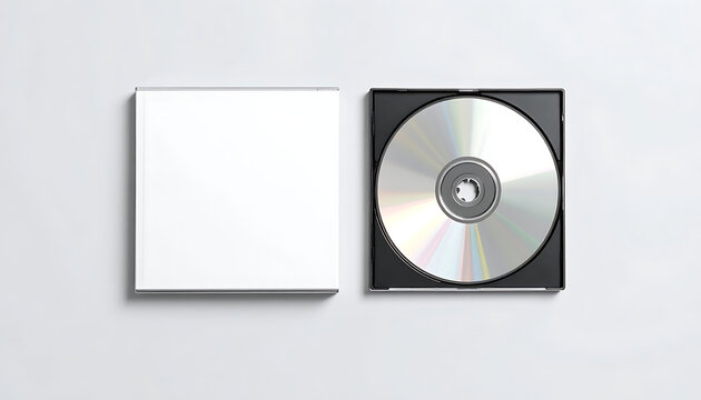 Blank cd case and open disc, digital media packaging mockup for branding and software distribution