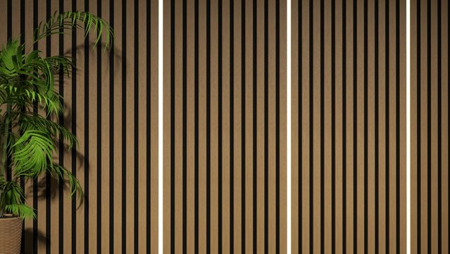 Modern studio background with wooden slat wall and monstera plant - Cam 2 - 3D rendering