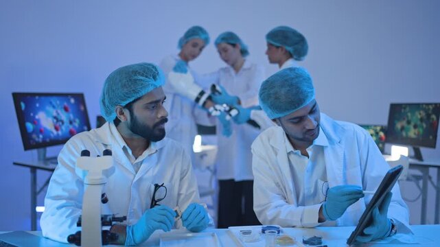 Male researchers in hairnets talking over digital tablet at desk with microscope, molecular images on screens, late night lab teamwork.