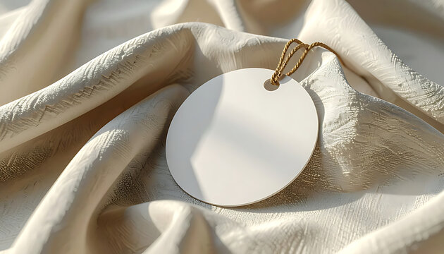 Blank circular paper tag on soft draped beige satin fabric, ideal for branding mockup