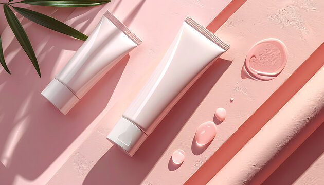 Blank cosmetic tubes for skincare cream or lotion, pink aesthetic background with palm leaf shadow, product presentation template