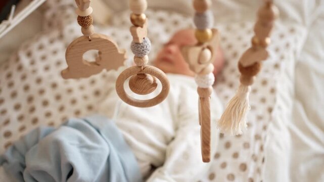 Curious newborn boy lying in a crib and attentively watching a hanging wooden mobile. Cute infant developing senses and motor skills, exploring the world from his comfortable bed
