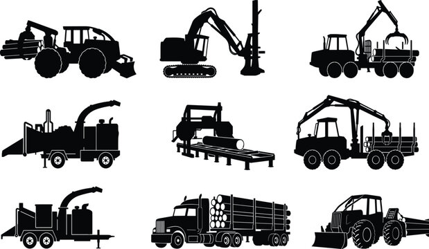 Heavy forestry machinery silhouettes set including logging trucks forwarders feller bunchers wood chippers and sawmill equipment for timber industryWeb