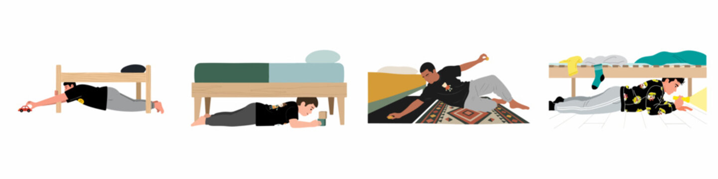 Set of illustrations showing people looking under beds and furniture for lost items or playing at home