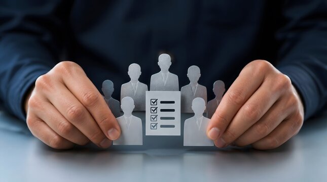 Human resources management, recruitment and hiring process with paper figures and checklist. Corporate team, candidate selection and leadership evaluation for professional growth and talent search.