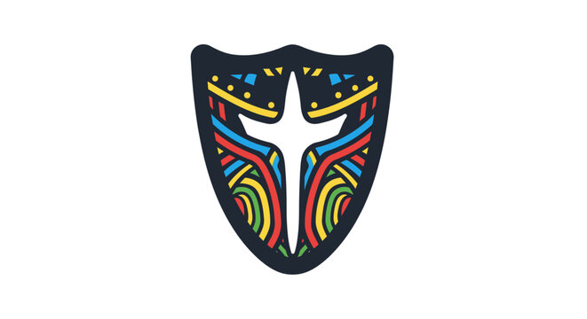 Abstract shield logo design with vibrant stained glass pattern and central cross symbol.