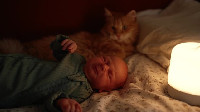 Adorable newborn baby yawning widely while lying in a cozy bed at night, illuminated by a warm bedside lamp, with a fluffy ginger cat resting attentively in the soft focus background