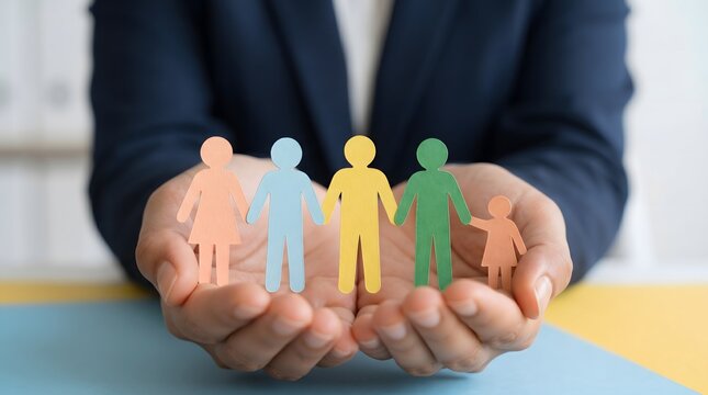 Insurance, family and protection with hands for support, social security and life coverage. People, unity and care with colorful paper cutout, healthcare and safety for future security