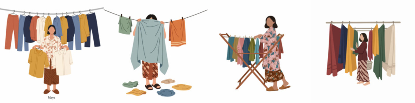 Illustrations of a Southeast Asian woman in traditional batik clothing hanging laundry on clotheslines and drying racks, depicting daily domestic routines.