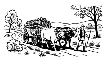 Obraz premium Black and White Ox Cart with Firewood Vector Illustration