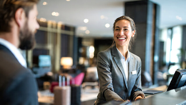 Modern hotel receptionist providing assistance to a business client in a bright contemporary lobby, professional service environment emphasizing communication, efficiency, and guest satisfaction.