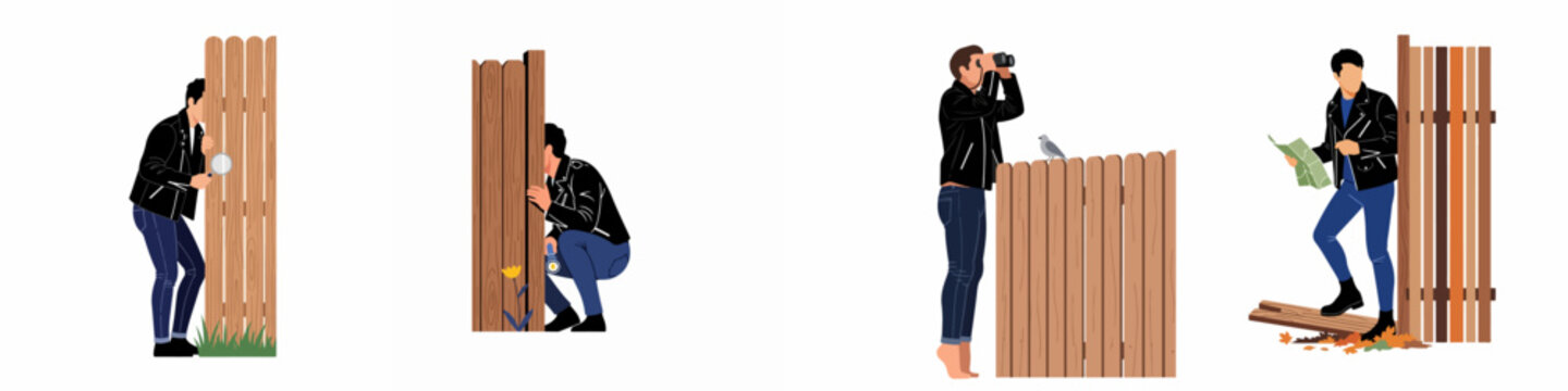 Set of illustrations featuring a man in a leather jacket investigating, spying, and peeking from behind a wooden fence with different tools.